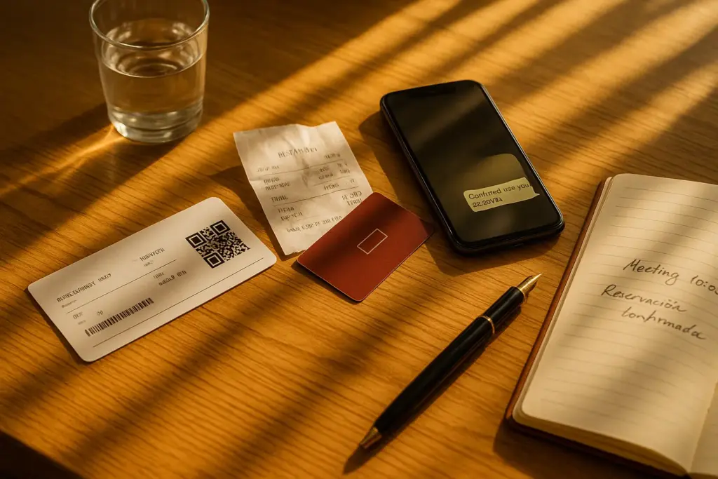Escritorio moderno con billete de avión, recibo, tarjeta de hotel, mensaje en smartphone, cuaderno y pluma bajo la luz del sol mediterráneo – símbolo de excusas y coartadas creíbles con pruebas.