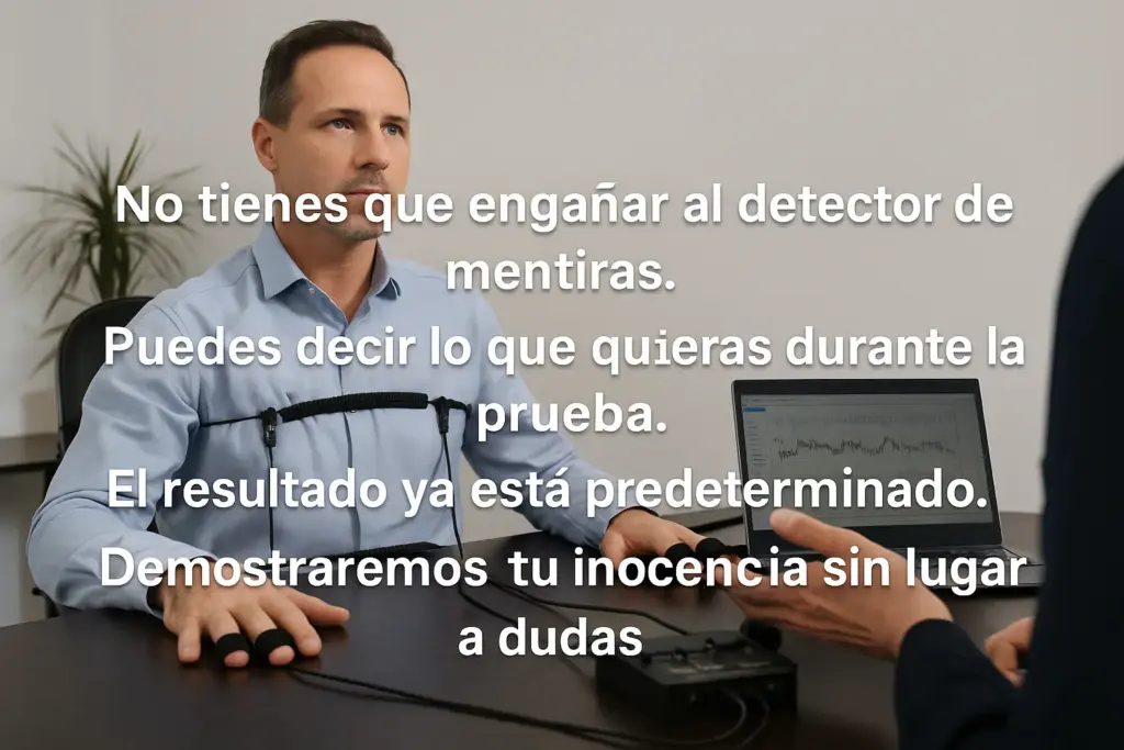 Hombre conectado a un polígrafo durante una prueba, con mensaje en español que asegura que el resultado ya está predeterminado y demuestra su inocencia.