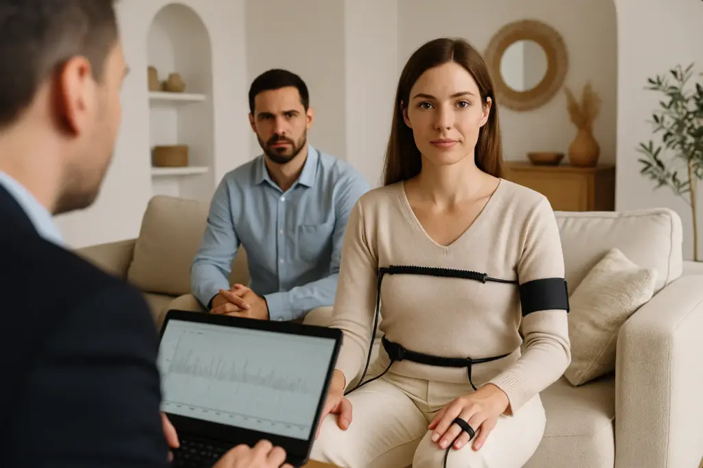 Mujer conectada a una prueba de polígrafo en un salón moderno, mientras su pareja la observa con seriedad; examen real para acabar con celos y desconfianza.