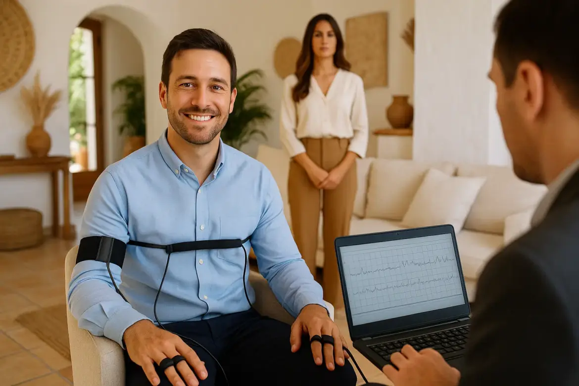 Hombre sonriendo con confianza durante una prueba de polígrafo en un salón mediterráneo luminoso, con sensores visibles en brazo y mano, mientras una mujer observa de pie en el fondo y el examinador controla el portátil. Hombre sonriendo con confianza durante una prueba de polígrafo en un salón mediterráneo luminoso, con sensores visibles en brazo y mano, mientras una mujer observa de pie en el fondo y el examinador controla el portátil.